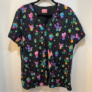 Zavate Ava Therese Looking Sharp Cactus Women's 2-Pocket V-Neck Print Scrub Top